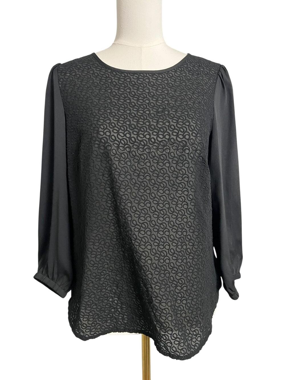 LOFT Blouse Womens Small Black Embroidered Long Sleeve Chiffon Keyhole Top